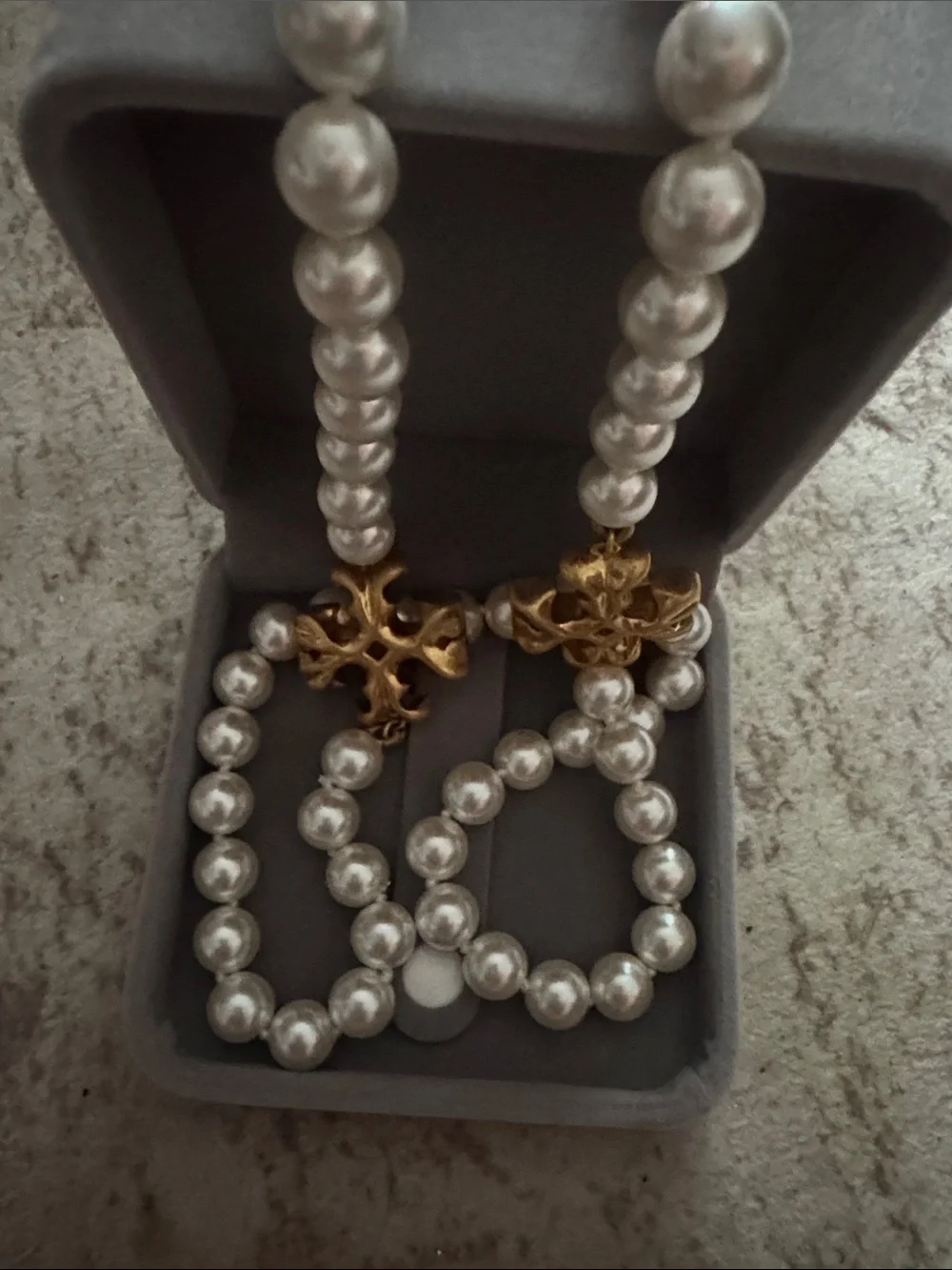 Tory Burch Long Classic Pearl Necklace with solid Kira t brass detail NEW $249